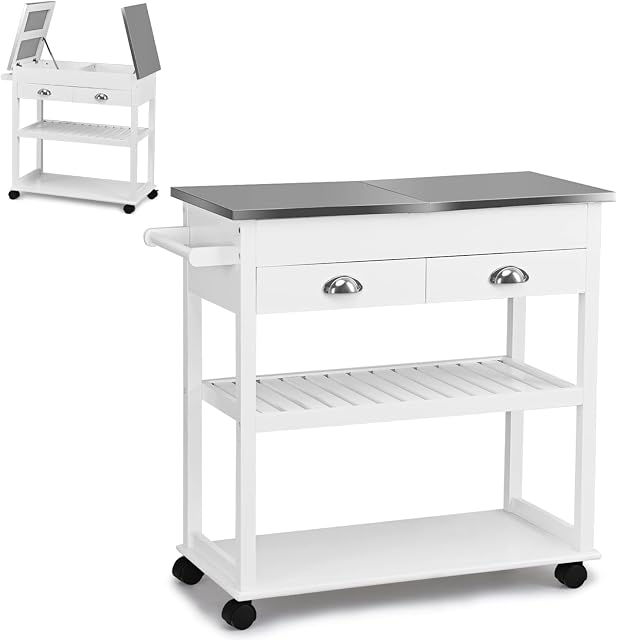 TANGZON Kitchen Island Trolley, Rolling Serving Cart with Stainless Steel Flip Worktop, 2 Drawers, Side Handle & Wheels, Utility Storage Shelves Organiser (85x42x82cm, with Flip Top, White)