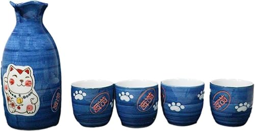 Miniatura 2 de Ebros Gift Juego de decantador japonés Maneki Neko de la suerte con gato esmaltado de cerámica azul con cuatro tazas, gran decoración asiática para
