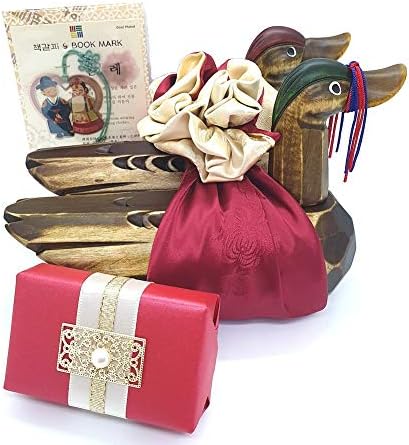 NDM Premium Wooden Mandarin Duck 기러기 원앙 Korean Wedding Hand Made + Small Magnet Gift Box + Hanbok Silk 2 Color Premium Wrap + Korean Traditional Box + Book Mark