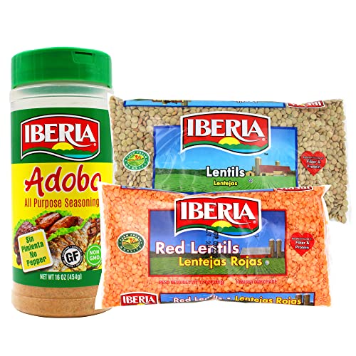 Iberia Lentils Variety Pack And Adobo: Dry Lentils 12 Oz, Red Lentils 12 Oz, Iberia Adobo Without Pepper 16 Oz #TOP10