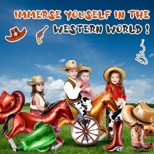 Image of VioraWhite 12 Pcs Western Balloons Foil Horse Racing Rodeo Horseshoe Cowboy Cowgirl Boots Hat Cactus Wagon Wheel Brown Balloons for Summer VBS First Rodeo Birthday Wild Western Horse Party Decorations