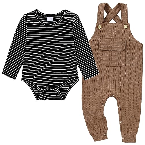 Image of CARETOO Newborn Baby Boy Clothes Infant Boy Romper Fall Winter Outfits Bodysuit 2Pcs Striped Long Sleeve Top Overalls 0-18M
