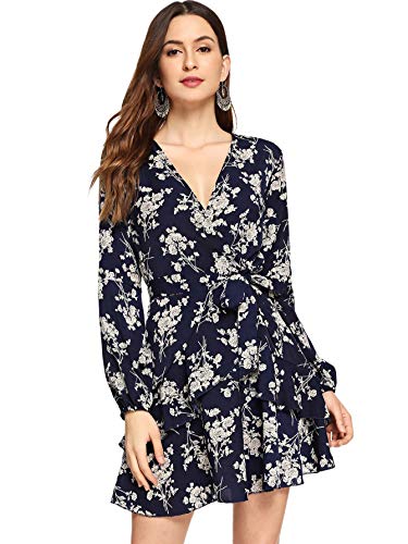 Milumia Women's Vintage Floral Print Boho Split Wrap Slim Dress Navy-1 Medium