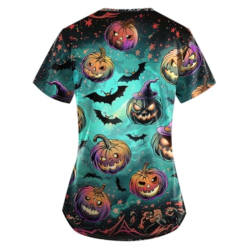 OIOLOYJM Halloween Christmas Scrub Tops Women Printed V Neck Short Sleeve Plus Size Scrubs for Womens Shirts with Pockets