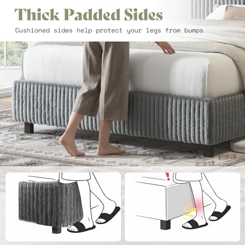 Image of AMERLIFE Twin Bed Frame, Grey | Upholstered, Metal Platform Bed