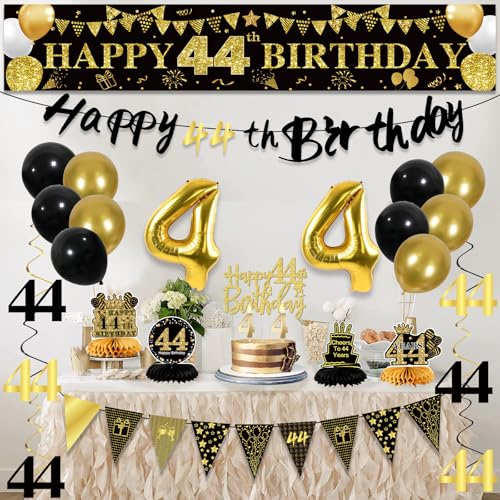 Image of 44th Birthday Decorations for Men, Black Gold 44th Party Decoration Kits | 27pcs Happy 44th Birthday Set: Banner, Honeycomb, Balloons, Gold Number, Candle, Hanging Swirls, Cake Topper, Party Supplies