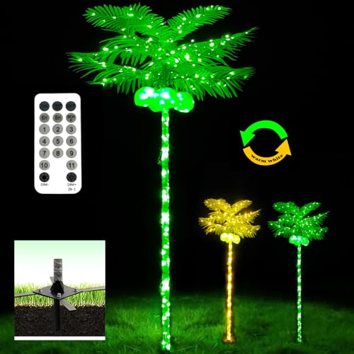 Palm Tree Lights for Outside Patio, 7FT Metal Artificial Palm Trees Lighting with Coconuts, Outdoor Pool Tropical Decorations for Home Party Hawaiian Christmas Garden Warm White/Green