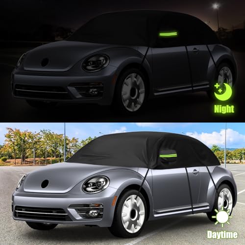 Image of Half Car Cover Compatible with Volkswagen New Beetle 1998-2022, All Weather Protection with Side Mirror Cover, Waterproof Top Roof Protector for Rain Hail Sunshine Protection