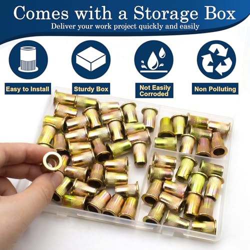 Image of 5 /16 inch-18 UNC Rivet Nut, 60Pcs Zinc Plated Finish Carbon Steel Flat Head Threaded Insert Nutsert Kit