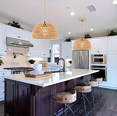 QIYIZM Rattan Pendant Light Fixture Wicker Chandelier for Kitchen Island,Farmhouse,Boho Woven Hanging Ceiling Lights Hand-Worked Bamboo Basket Lamp Shade Hanging Lamp for Living Room,Bedroom12.8 x 8IN - Image 4