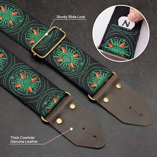 Image of Nefelibata Guitar Strap,Jacquard Embroidery Cotton Guitar Straps with Crazy Horse Leather Ends for Bass, Electric & Acoustic, Best Gifts for Kids, Guitarists(Green Sun Embroidery)