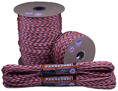 Bored Paracord - 1', 10', 25', 50', 100' Hanks & 250', 1000' Spools of Parachute 550 Cord Type III 7 Strand Paracord Well Over 300 Colors - Sneaky Orange Camo - 1 Foot