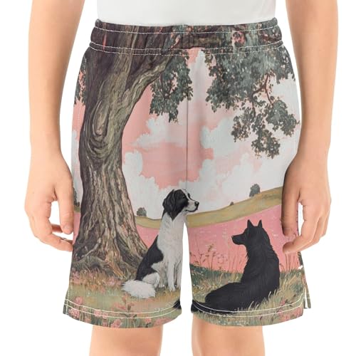 DOMIKING Collie Tree Pink Kids Shorts Pull-on Boys Shorts with Elastic Waist Casual Athletic Pants for Playwear Summer2