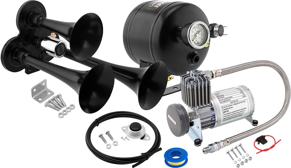 Train Horn Kit, 3 Trumpets, 150 PSI Compressor, 0.5 Gallon Tank All-in-One Onboard Air Horn Kit, Super Loud dB, Fits 12V Vehicles Like Truck, Car, Semi, Pickup, SUV, Jeep VXO8805/3311B