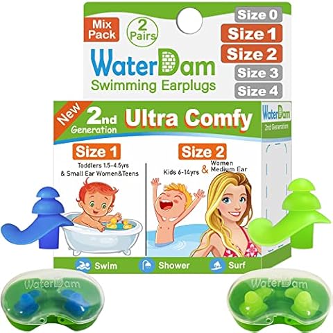 WaterDam Swimming Ear Plugs Great Waterproof Ultra Comfy Earplugs Prevent Swimmer's Ear (Size 1+2: Toddlers (Blue) & Small&Medium Ear Women Kids Teens (Green)) Cover