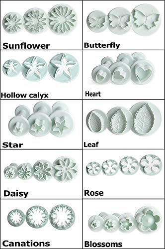Image of First Try 47 Piece Set Fondant Cake Cookie Plunger Cutter Sugarcraft Flower Leaf Butterfly Heart Shape Decorating Mold DIY Tools 33 Pcs Plunger Cutter with 14 Pcs Fondant Stick Set