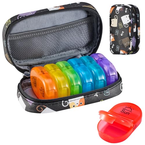 Image of Serfeymi Weekly Travel Pill Organizer 2 Times A Day AM PM Upgraded Rainbow Pill Box 7 Day with Portable Zipper PU Leather Pill Case, Medicine Organizer for Pills, Vitamins, Fish Oils - Black 02