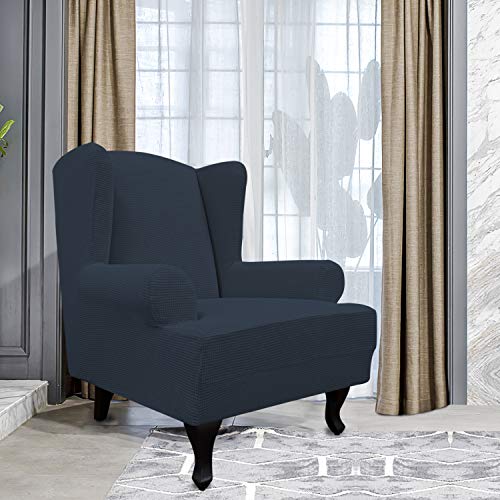 Image of Easy-Going Stretch Large Wingback Chair Sofa Slipcover Dark Blue | 1-Piece Sofa Cover Furniture Protector Couch Soft with Elastic Bottom, Spandex Jacquard Fabric Small Checks