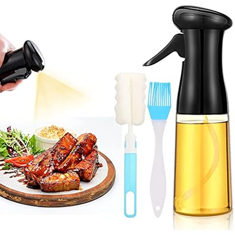SANYOCZH Oil Spray Bottle, 7 oz / 210 ml Olive Oil Sprayer for Cooking with Brush, Vinegar Olive Oil Mister for Kitchen, Suitable for Air Fryer, BBQ, Baking, Salad (Black) Cover