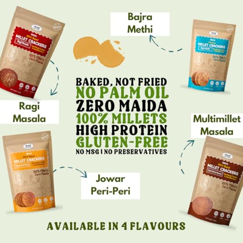 Image of NIHKAN Millet Crackers (Ragi Masala & Jowar Peri Peri Combo) - Gluten free | No Maida | High protein | High Fibre - Handmade & baked | Healthy Millet snack | Chai time guilt free snacks - No Preservatives & No Baking soda - 100g each