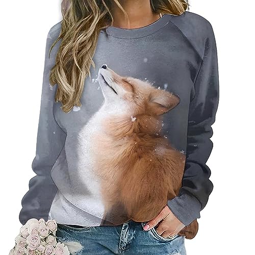 Bengbobar Plus Size Hoodie for Women Loose Breathable Crewneck Animal Long Sleeve Oversized Pullover Women Stylish Casual Wear Church Ladies Sweatshirts-Cute Fox-M