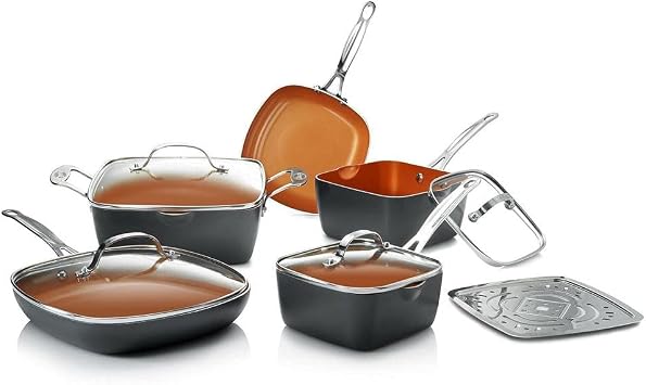 Gotham Steel 10-Piece Square Kitchen Set - Non-Stick Ti-Cerama Coating - 25% More Cooking Space than Round Skillet, Frying Pan, Stockpot and Steamer, Graphite Like Seen On TV