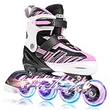 ECOO Adjustable Inline Skates Boys and Girls with Light up Wheels，Roller Skates for Kids Ages 4-12, Teen Skates for Beginner Outdoor and Indoor (Pink, Medium-Big Kids（13j-3 US）)