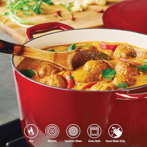 Image of TRAMONTINA Bestow Round Dutch Oven 6.1L with Lid | Enameled Cast Iron Casserole Pot & Biryani Pot | Even Heat Retention | Low Oil Healthy Cooking | No Seasoning Required | All Cooktops Compatible | Red
