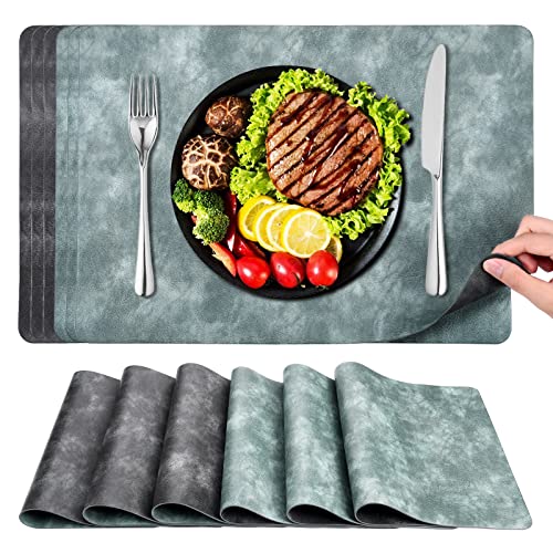 Abwaschbar Tischset Leder Platzset Set - 6er PU-Leder Platzdeckchen Doppelseitigen Wasserdicht Tischsets rutschfest Hitzebeständig für Hause Restaurant Premium Hotel 43x30 cm Schwarz & Grau Cover