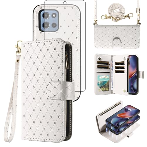 Asuwish Phone Case for Motorola Moto G 5G 2025 Zipper Wallet Detachable Magnetic Cell Cover with Screen Protector Crossbody Lanyard Strap Glitter Card Holder Slots G5G 5 G G5 Women Girls White