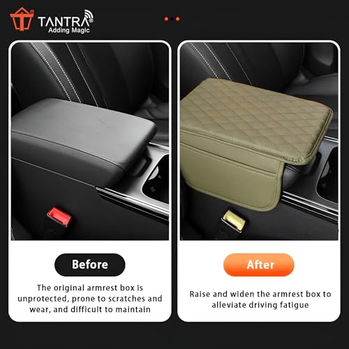 Image of TANTRA Car Armrest Cover Cushion with 2 Storage Bags - Soft, Comfortable, Non-Slip Protector for Vehicle Center Console - Waterproof, Durable, and Stylish (Beige)