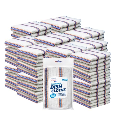 HOMESHOPA Dish Cloths, 144 Pack Cotton Antibacterial Super Absorbent Lint Free, Quick Dry Striped Kitchen Towels, Washing Up Dishcloths, 34 X 34cm