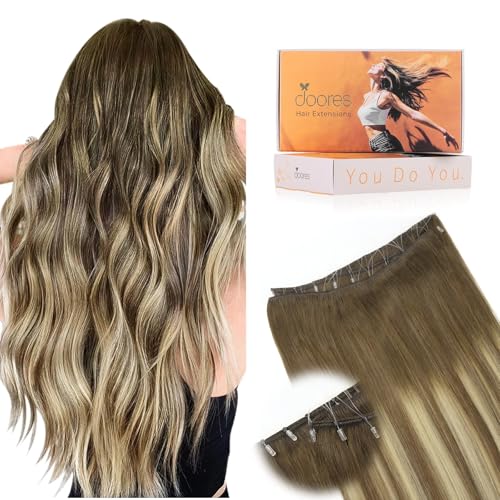 Image of DOORES Beaded Weft Hair Extensions Virgin Human Hair, 14 Inch 80g Balayage Walnut Brown to Ash Brown and Bleach Blonde Real Hair Natural Straight