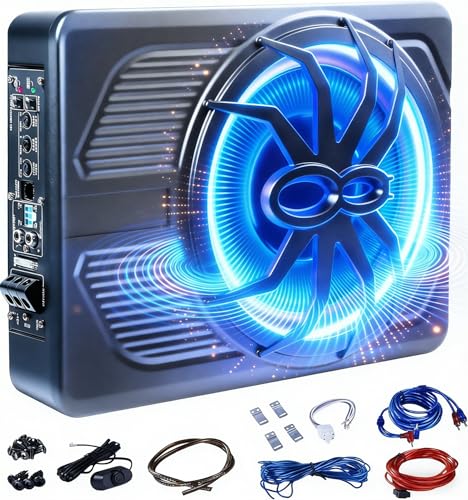 HCALORY Spider 1200W Car Subwoofer - 10' Slim Under-Seat Powered Bass | Upgraded 1200W Peak Power, Manual Control with Blue LED, Built-in Amp for Truck/SUV/Sedan