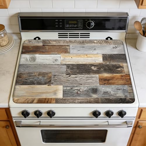 Image of Multi-Design Silicone Stove Cover for Glass /Electric Stoves - 3-in-1 Heat-Resistant Protector Mat, Non-Slip Drying Rack (Rustic Wood Grain Pattern, 28 inch L x 20 inch W)
