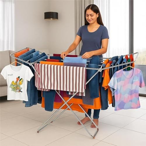 Image of JD FRESH Stainless Steel Foldable Clothes Drying Stand /58 Feet Drying Rack with Drying Rails /Portable Cloth Dryer Stand for Laundry /Strong Cloth Hanger Stand for Balcony /Indoor & Outdoor - Silver