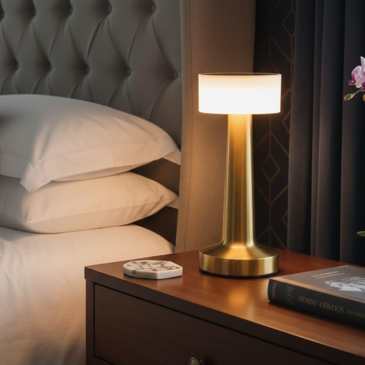 Image of Modern Gold LED Table Lamp - Minimalist Bedside Night Lamp with Warm Light, Rechargeable Touch Control Desk Lamp for Bedroom, Living Room & Office Decor