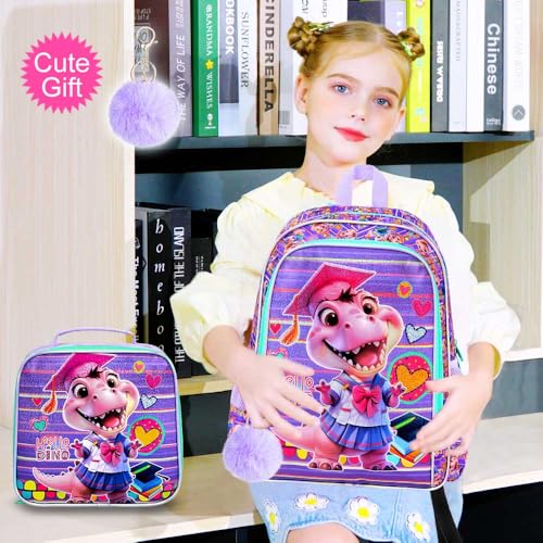 Image of AGSDON 3PCS Dinosaur Backpack for Girls, 16 inch Kids Backpacks with Lunch Box, Water Resistant Girl School Bookbag for Elementary