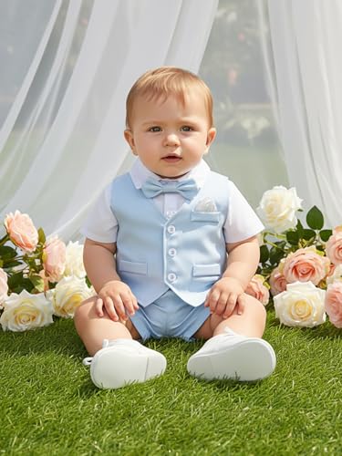 Image of Boarnseorl Baby Boys Shorts Sets, Infant Shirt+Shorts+Bow Tie+Vest,Toddler Gentleman Outfits Suits