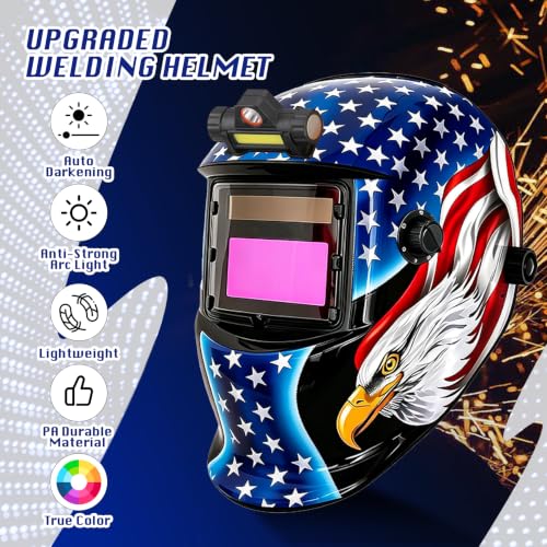 Image of WR01A Welding Helmet Auto Darkening with LED Light True Color Solar Powered Welder Hood with Adjustable Shade Range 4 /9-13 for Mig Tig Arc Welding Mask (Star-Spangled Eagle)