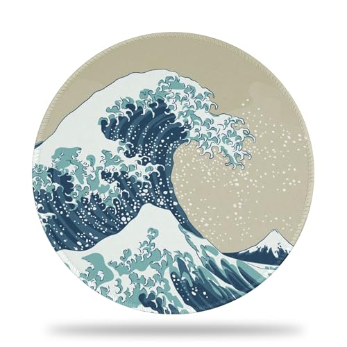 Tapis de souris Ukiyoe rond aux bords cousus premium et finitions vagues japonaises
