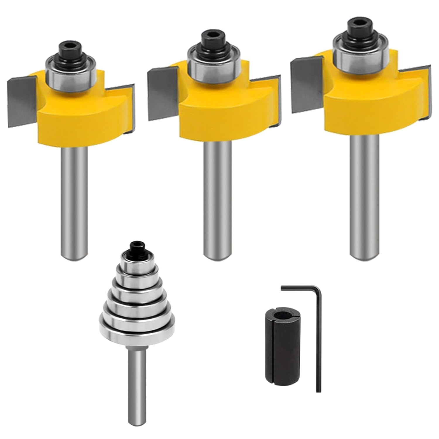 1/4 Inch Shank Rabbet Router, 3 Pieces Wood Router Bits with 6 Bearings Set (1/8", 1/4", 5/16", 3/8", 7/16", 1/2" Bearings) Interchangeable Bearings
