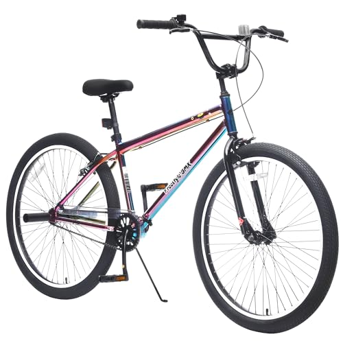 MAMBAS 26 Inch BMX Bike for Adults Men Women Freestyle Bicycle with High-Carbon Steel Frame Single Speed Performance Bike with Rear Step Pegs & 2.35 Wide Tires Multi-Color Optional (Rainbow)