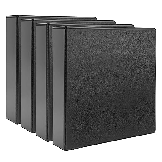 AmazonBasics 2" Heavy-Duty View 3 Ring Binder, Black, 4/Pack