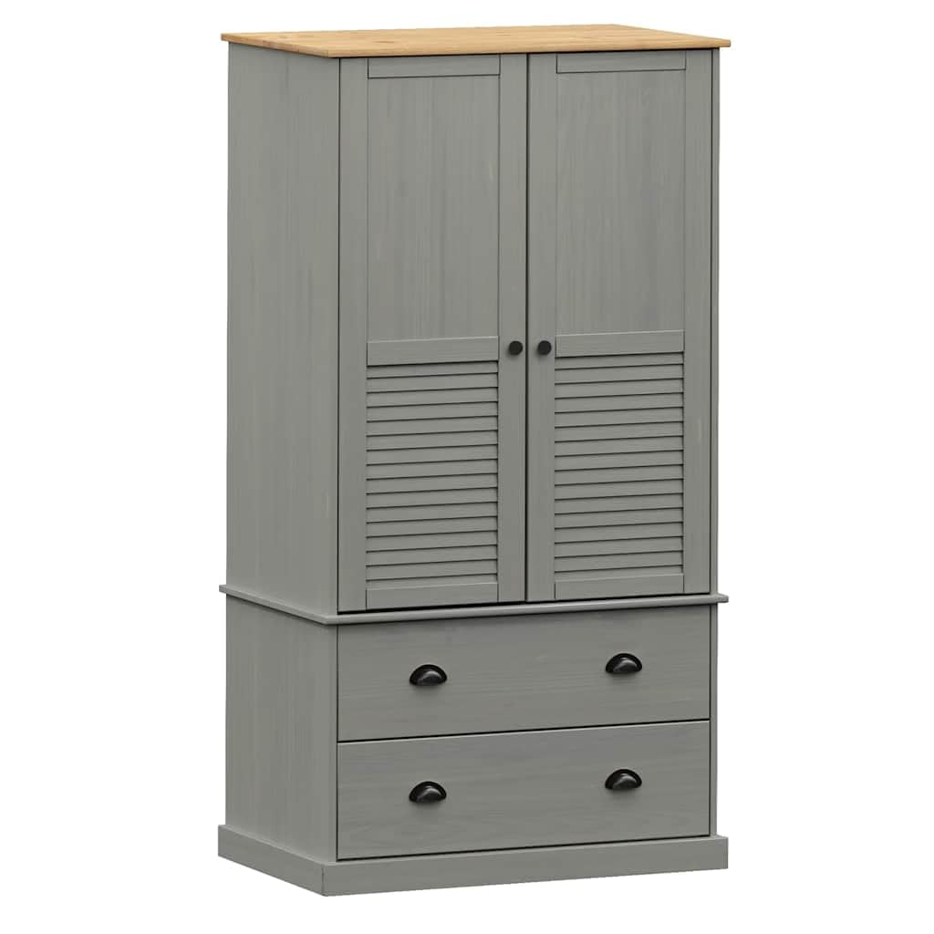 VIGO - Penderie en pin massif - Gris - 90 x 55 x 170 cm - Avec tringle à vêtements et tiroirs - Armoire moderne à portes coulissantes - Pour chambre à coucher et dressing