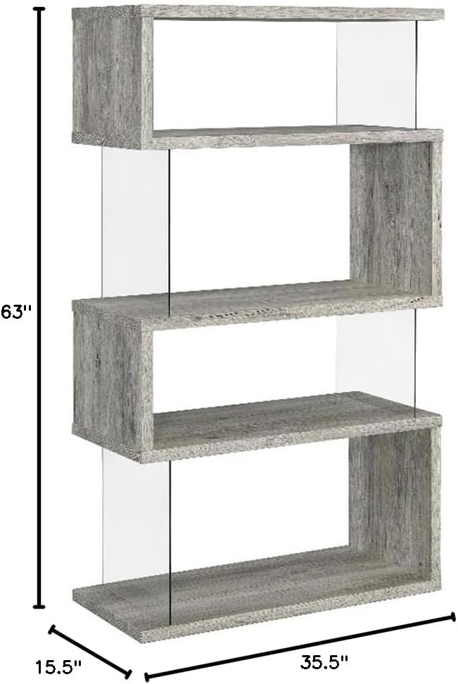 BOWERY HILL Zigzag Geometric 4-Shelf Bookcase, 63" H x 35.5" W x 15.5" D, Wood and Glass, Gray Driftwood Finish, Contemporary Design, Open Shelves for Living Room, Home Office or Bedroom Storage