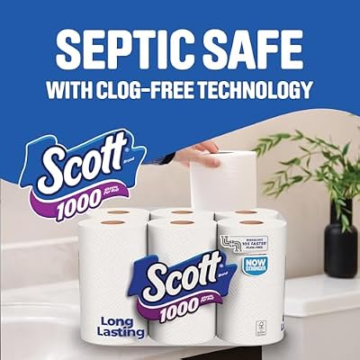 Scott 1000 Toilet Paper, 18 Rolls, Septic-Safe, 1-Ply Toilet Tissue