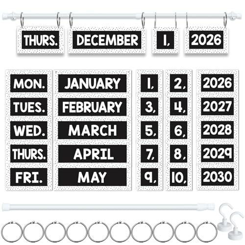 2026 Upgraded Magnetic Black and White Flip Calendar Bulletin Board Set 60 Calendar Cards with Adjustable Magnetic Rod Polka Dot Classroom Calendar Date Cards Set for Class Whiteboard Decor Back to School Teacher Supplies
