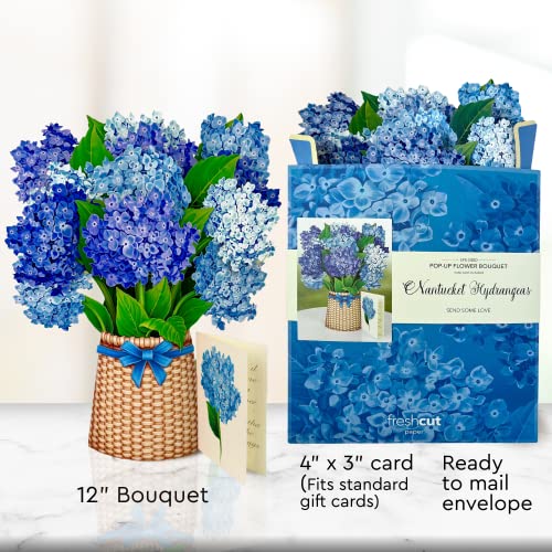 Freshcut Paper Pop Up Cards, Nantucket Hydrangeas, 12 Inch Life Sized Forever Flower Bouquet 3D Popup Greeting Cards With Blank Note Card And Envelope #TOP2