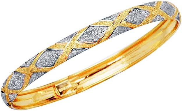 JewelryWeb 10k Yellow White Gold 6.0mm Shiny Textured Flex Bangle Bracelet With White Diamond Shape Pattern Cuff Bracelet for Women
